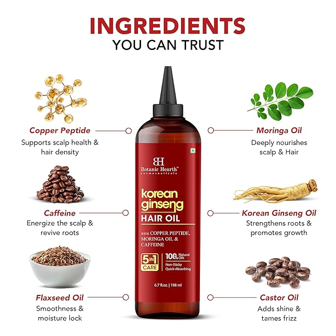 Botanic Hearth Hair Oil for Hair Growth & Hair Treatment Oils | Strengthening Dry, Frizzy, Damaged Hair & Scalp Treatment | Korean Ginseng Hair Oil – 6.7 Fl Oz