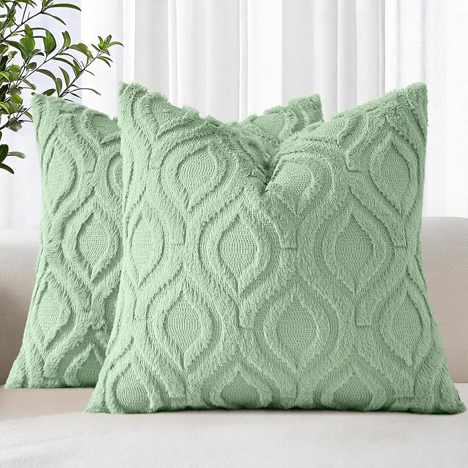 decorUhome Faux Fur Plush Sage Green Throw Pillow Covers 24x24 Set of 2 | Plush Solid Fall Couch Pillow Covers, Accent Modern Farmhouse Neutral Decorative Soft Pillow Cases for Sofa Bed Living Room