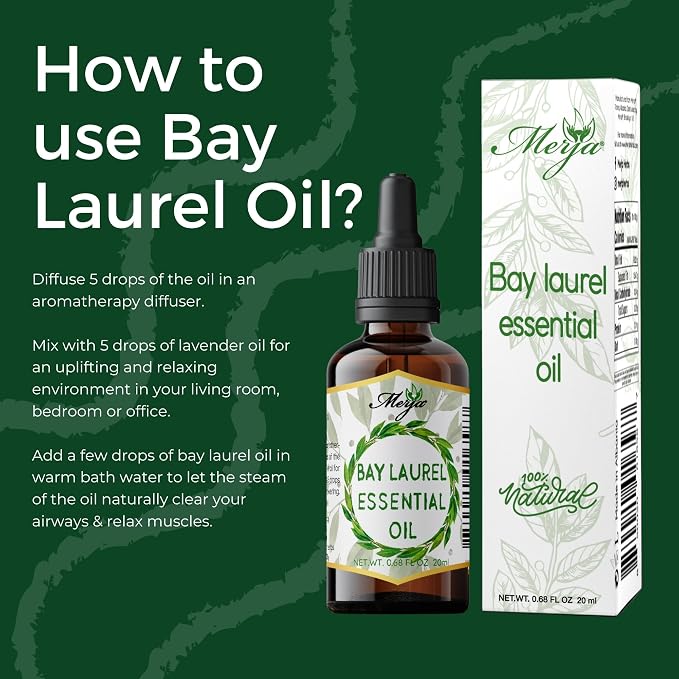 Merja Bay Laurel Essential Oil, Natural, 0.68 fl oz, for Face Hair Body and Aromatherapy, Pack of 1