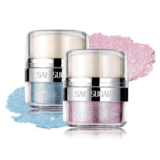 Body Shimmer Powder, 2PCS Body Glitter Powder with Sponge Head, 3D Contour & Long Lasting Luminous, Glow Highlighter Makeup for Face, Eyes, Hair, Perfect for Daily, Party (Purple/Blue)