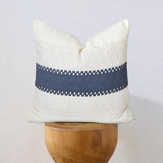Throw Pillow Covers 1PC for Living Room, Cotton & Burlap, Boho Sytle Decorative Home (Beige & Blue, 18x18 Inch)