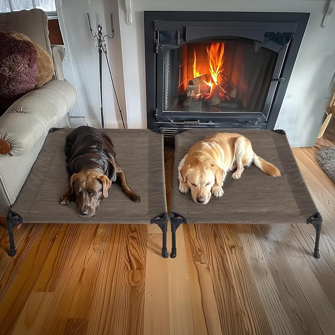 Veehoo 2 Pack Outdoor Elevated Dog Bed for Large Dogs, Cooling Raised Cots | Off-ground training platform, portable camping hammock, breathable mesh, easy to clean, no-tool setup, 42"x30", Brown