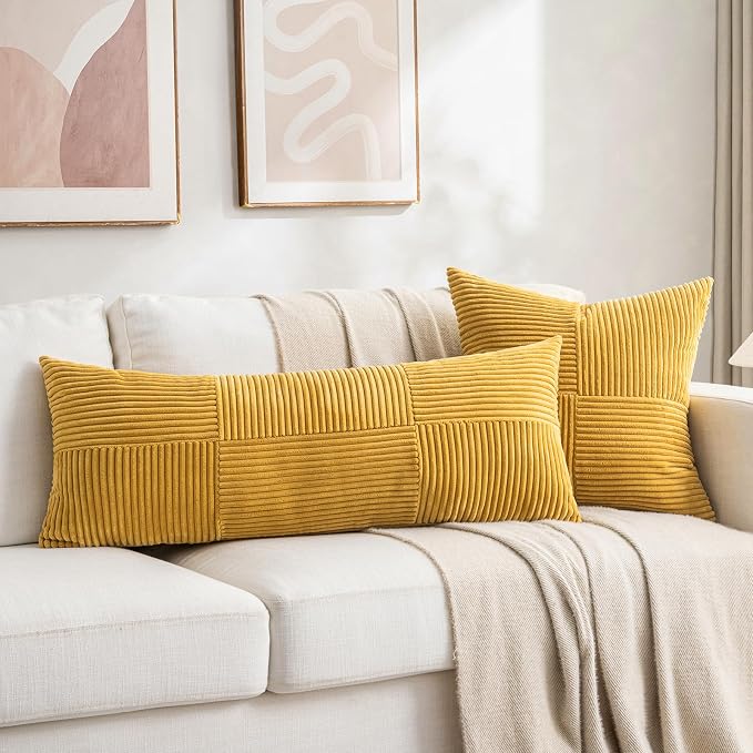 Fancy Homi Set of 1 Gold Yellow Boho Long Lumbar Body Decorative Throw Pillow Cover 21x54 Inch for Bed Couch Bedroom Bench, Soft Patchwork Corduroy Textured Pillow Case, Rustic Farmhouse Room Decor