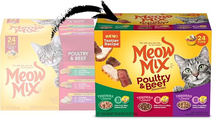 Meow Mix Poultry & Beef Favorites, Wet Food Variety Pack, 24 Cups