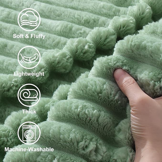 decorUhome Sage Green Fleece Twin Blanket 60x80 Inches | Soft Couch Cozy Fluffy Plush Flannel Striped Blanket for Sofa Bed, Lightweight Decorative Ribbed Fuzzy Blanket for Woman