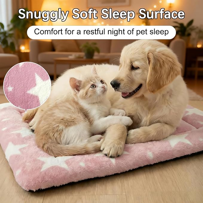 Dog Bed Mat – Soft & Comfortable Dog Kennel Pad for Crate – Durable Crate Bed & Mat for Dogs & Cats – Ideal for Crate, Kennel, and Home Use (Big&Little Stars Pink, M(30"*20"*1.5"))