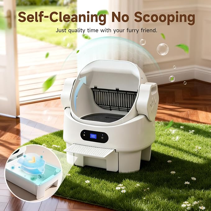 XL Automatic Self Cleaning Open Top Cat Litter Box, White | Multi-Sensor Safety, Ultra-Quiet, Easy Setup, Large Waste Bin, Easy to Clean, for Multi-Cat Homes