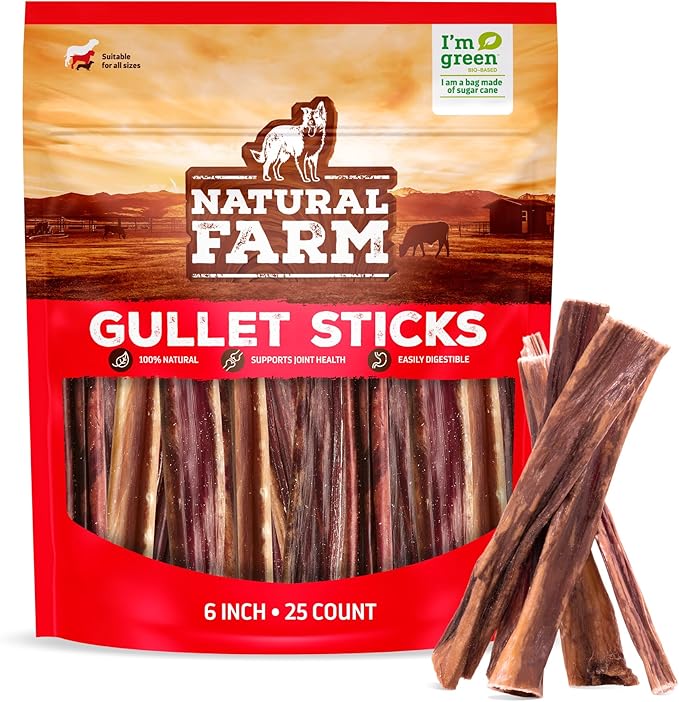 Natural Farm Gullet Sticks Chews for Dogs, 6 Inch (25 Count), Single Ingredient Jerky Esophagus Treats, Rawhide-Free Natural Glucosamine & Chondroitin, Great for Puppies, Seniors & Light Chewers