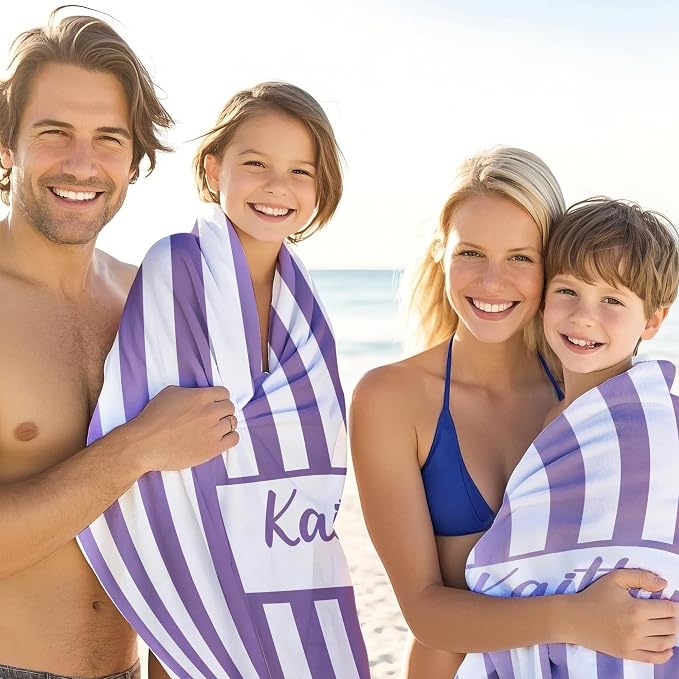 JML Personalized Beach Towel with Name, Custom Cabana Stripe Beach Towel, Customized Microfiber Pool Towel, Quick Dry & Absorbent Swim Towel for Adult,Anniversary, Birthday, Summer Holiday,Vacation
