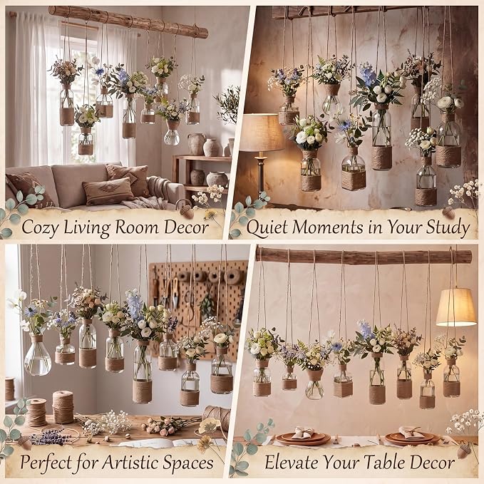 8 Pcs Hanging Glass Vases Clear Hanging Propagation Vases with Jute Rope Glass Terrariums Planters, Handcrafted Assorted Shapes, Suitable for Dried Flowers, Vintage Rustic Home Graden Decor