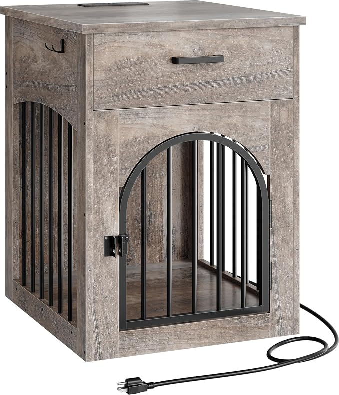 CHOEZON Dog Crate Furniture, Wooden Dog Kennel with Charging Station and Storage Drawer, Indoor Pet Crate End Table for Small Breeds, Dog Cage Furniture for Living Room, Bedroom, Greige MGW01UFH