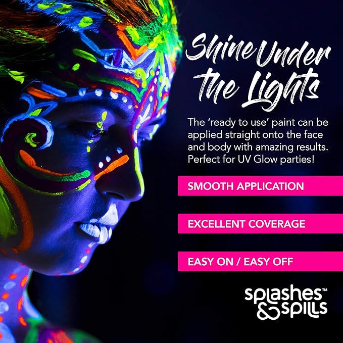UV Face and Body Paint 10ml - 6 Pack - Neon Glow in the Dark Body Paint for Adults - Non Toxic, Vivid UV Reactive Makeup for Blacklight Parties & Events, Moisturizing Formula, by Splashes & Spills