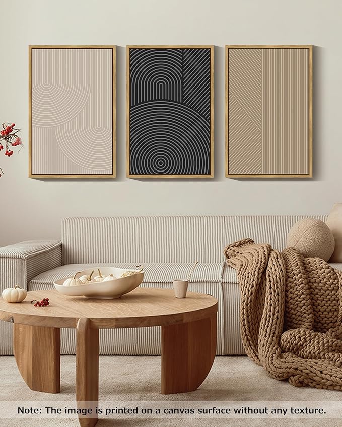 Drsoum Mid-Century Modern Framed Wall Art Large 16x24in Minimalist Abstract Boho Neutral Line Wall Decor Geometric Artwork Kitchen Dining Room Natural Framed