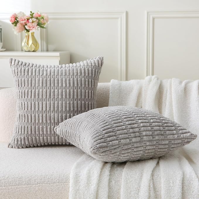 2 Pack Corduroy Decorative Throw Pillow with Inserts, 18x18 Inch Soft Boho Throw Pillow, Square Striped Throw Pillows for Couch, Bed, Sofa Decor (Light Gray)