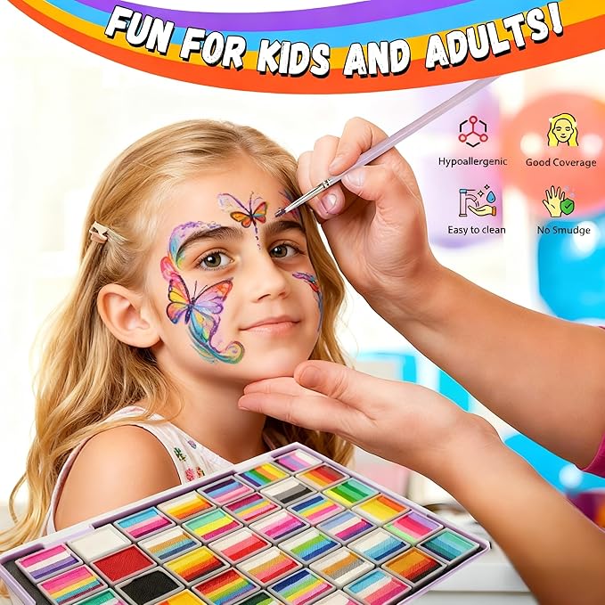 148 Colors Professional Face Painting Kit for Kids | Non-Toxic, Hypoallergenic Water Activated Split Cake Face Paint Palette with 42x10g Cakes | Stencils & Brushes | Halloween , Easter, Party Makeup