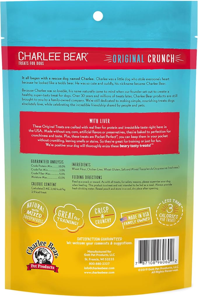 Charlee Bear Original Dog Training Treats, Chicken Liver, 6 oz | Pocket-sized Training Treats, Crunchy Dog Treats, Limited Ingredient Recipe, Under 3 Calories per Treat, Made in USA