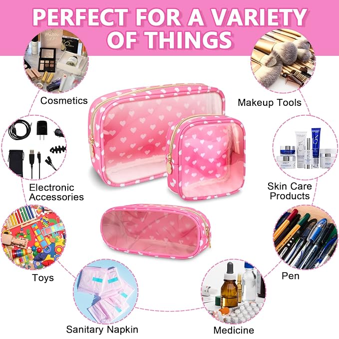 UIXIZQ Clear Mini Makeup Bag for Purse, Small Nylon&PVC Cosmetic Travel Bag TSA Approved Toiletry Bag with Zipper, Preppy Transparent Makeup Travel Bag Coin Purse for Women Men Girls(Mini-Pink Heart)