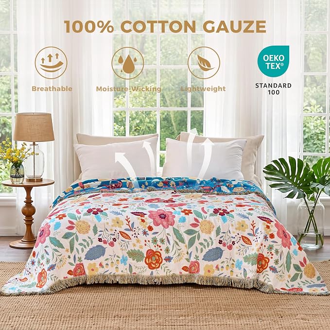 LUTBM Boho Throw Blanket for Bed 60"x80", All Season Cotton Couch Blankets | Reversible Floral Leaves Jacquard, All-Season Twin Lightweight Breathable Quilt, For Chair Sofa Bedroom Living Room Decor