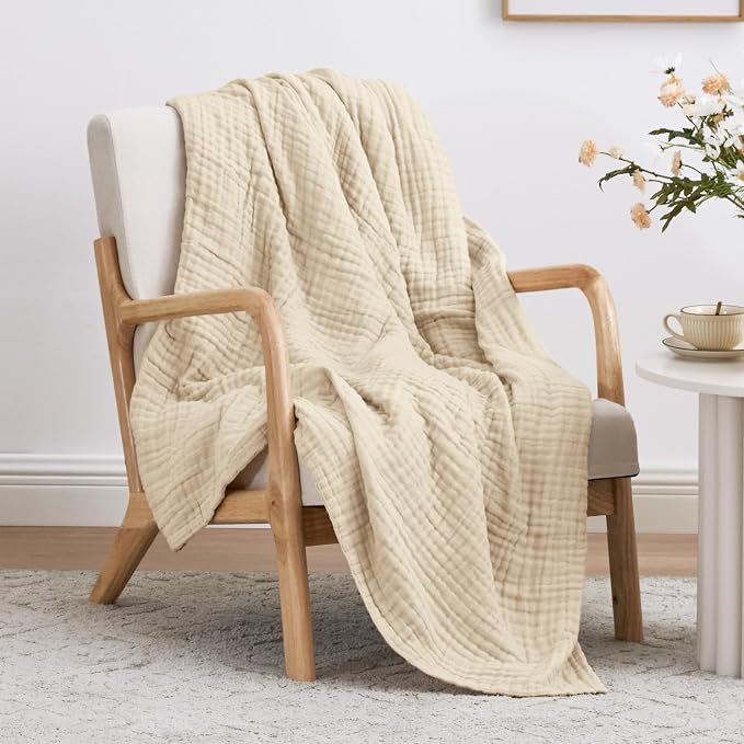 Love's cabin 100% Cotton Muslin Blanket, 6 Layer Lightweight Breathable Gauze Twin Size Blanket 60 x 80 Inches, Soft Summer Blanket for Bed or Couch, Beige