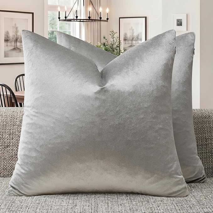 GIGIZAZA Silver Grey Velvet Throw Pillow Covers 24x24 Pack of 2 | Decorative Pillows for Couch Sofa,280gsm Soft Textured Fabric,Modern Square Pillowcases,Luxury Cushion Covers
