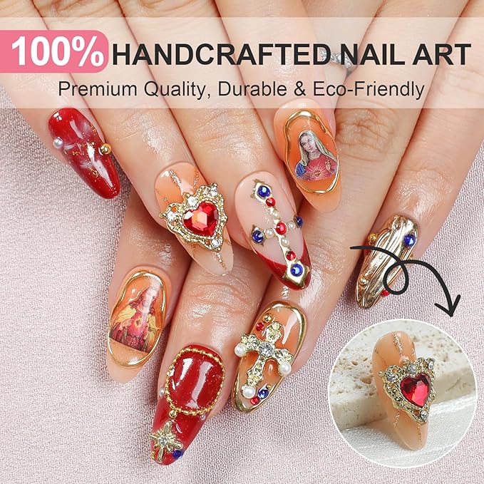 Handmade Press On Nails Almond, Luxury French Tips 3D Divine Ornate Design Short Fake Nails, Salon-Quality Reusable, Fall/Winter Gift for Women, 10Pcs