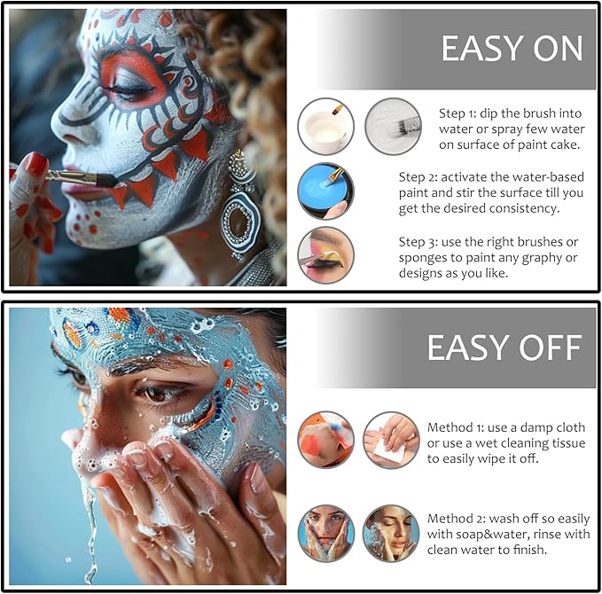 White Black Grey Skeleton Makeup Face Body Paint, Skull Face Painting Kit with Painting Brushes for Halloween, Water Based Face Paints for Goth Ghoul Clown Wolf & Statue SFX Cosplay Stage Make-Up