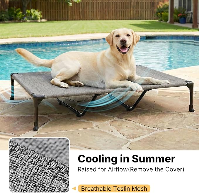 Veehoo Outdoor Elevated Dog Bed with Waterproof Bolster Cushion, Cooling | Raised Dog Bed with Removable & Washable Mat Topper, Breathable Mesh, Dog Couch Cot for Indoor Outdoor, 59", Large, Melange