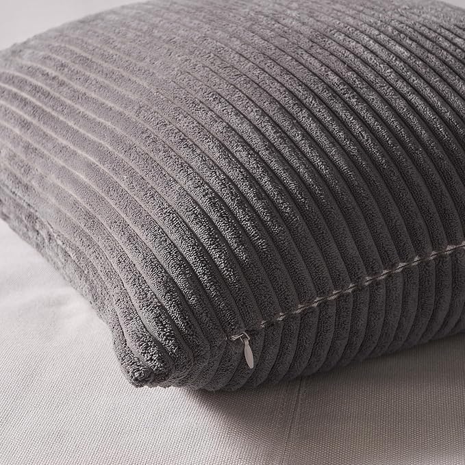 Topfinel Neutral Grey Decorative Throw Pillow Covers 18x18 Inch Set of 4,Modern Farmhouse Striped Corduroy Cushion Cases,Square Euro Shams for Sofa,Bedroom,Floor,Car(45cm Dark Gray)