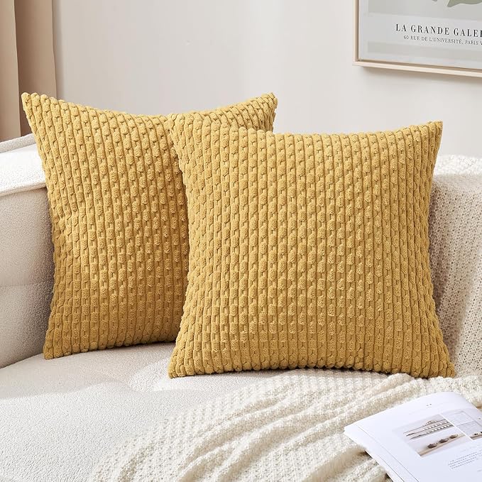 MIULEE Decorative Throw Pillow Covers 16x16 Gold Textured Corduroy | Pack of 2 Striped Pillow Covers Modern Farmhouse Home Decor for Couch Bed Sofa Living Room