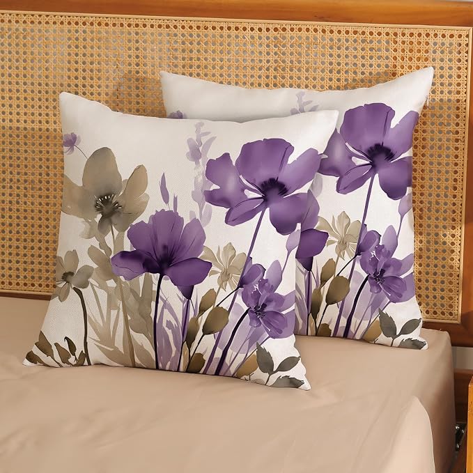 Spring Floral Pillow Covers 18x18 Inches Set of 2 Brown Purple Floral Throw Pillow Cover Outdoor Summer Flower Decoration Pillowcase Farmhouse Decorative Linen Cushion Cover for Home Couch