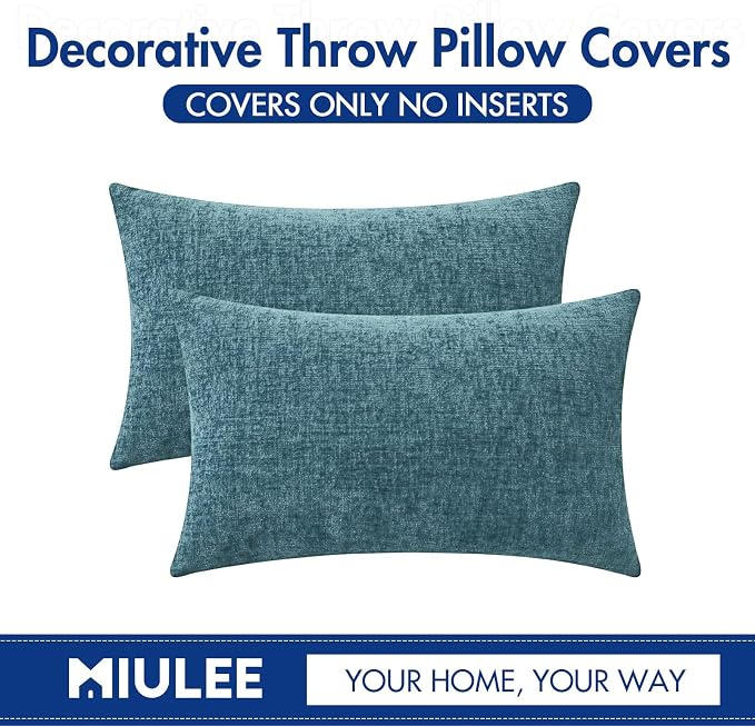 MIULEE Soft Chenille Lumbar Throw Pillow Covers Blue Ashes 12x20 Pack of 2 | Modern Coastal Home Decor, Classic Decorative Pillows, Solid Dyed Cases, Boho Couch Cushion Covers for Sofa Bed Living Room