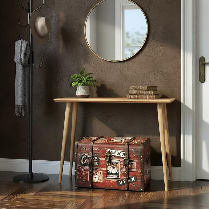 Household Essentials Medium Decorative Storage Trunk Faux Decoupage with Leather and Metal Accents, Antique Brown