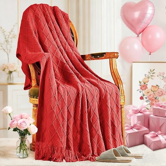 inhand Red Knitted Throw Blanket for Couch and Bed, 60"x80" | Gifts for Mom from Daughter Son, Soft Lightweight with Tassels, Farmhouse Warm Decorative Blanket for Women, Cozy Knit