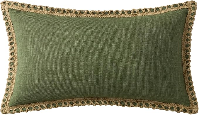 Phantoscope Pack of 2 Farmhouse Decorative Throw Pillow Cover Solid Burlap Linen Trimmed Tailored Edges, Olive Green, 12 x 20 inches, 30 x 50 cm