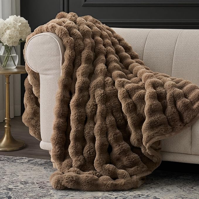 Faux Rabbit Fur Bubble Throw Blanket, 50"x60", Natural Tan | Ultra Soft, Luxury Faux Rabbit Fur Throw, Thick Warm Bubble Blanket, Cozy Fluffy Reversible, for Bed, Couch, Chair, Sofa