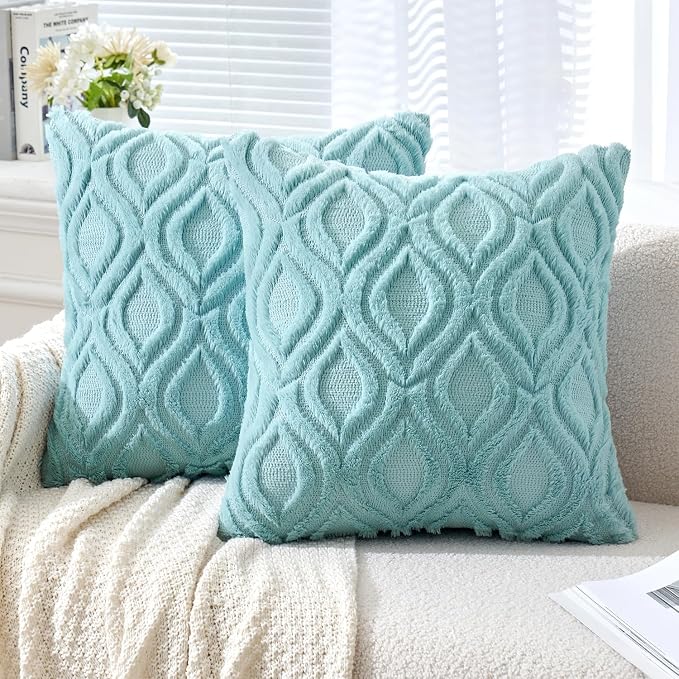 MIULEE Sky Blue Soft Plush Faux Wool Throw Pillow Covers 20x20 | Set of 2, Farmhouse Boho Home Decor, Decorative Cushion Covers for Sofa, Living Room, Bed