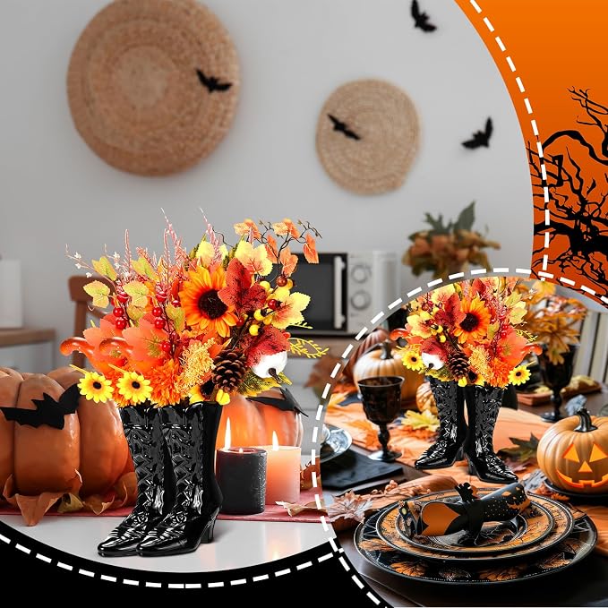 1 Pairs Halloween Flower Vase 7.1 Inch Witch Boot Vase Black Ceramic Gothic Planter Halloween Table Centerpieces for Indoor Outdoor Home Office Decor
