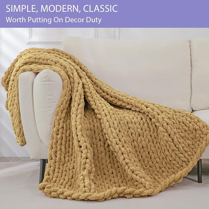 Bigacogo Chunky Knit Throw Blanket for Couch, 40x80 inches, Goldenrod | Hand Knit with Jumbo Chenille, Soft Breathable Cable Knit for Sofa Bed Living Room, Machine Washable, Gift for Mom Friend