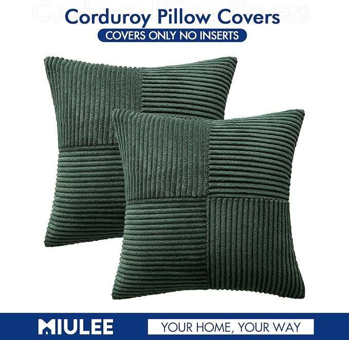 MIULEE Army Green Decorative Throw Pillow Covers for Couch 20x20 Inch | 2 Pack, Boho Farmhouse Pillow Covers, Soft Cross Corduroy Patchwork Textured Cushion Cases For Bed Sofa