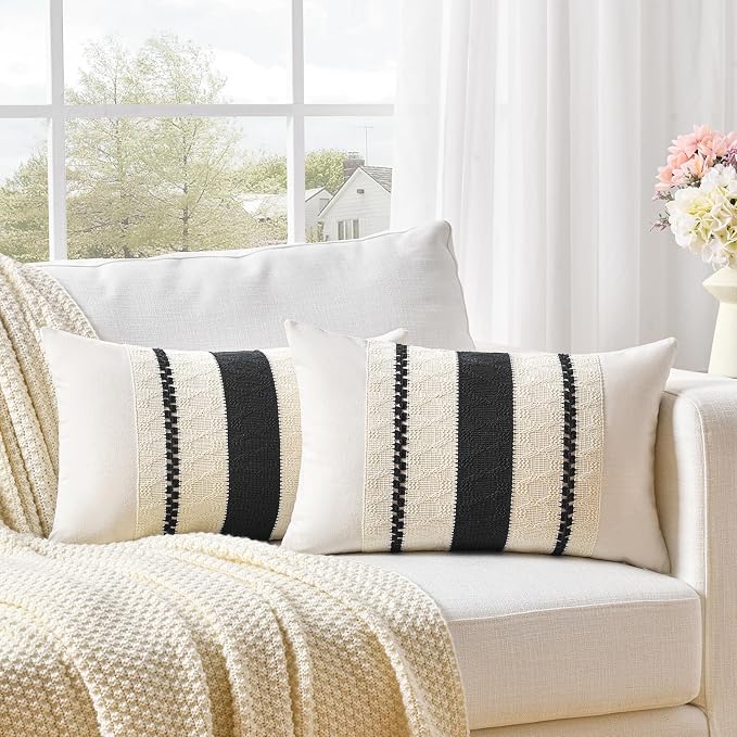 Fancy Homi Set of 2 Boho Black Long Lumbar Decorative Throw Pillow Cover 14x24 Inch for Couch Bed Sofa Chair, Modern Organic Farmhouse Home Decor, Soft Cotton Cute Accent Rectangle Cushion Case