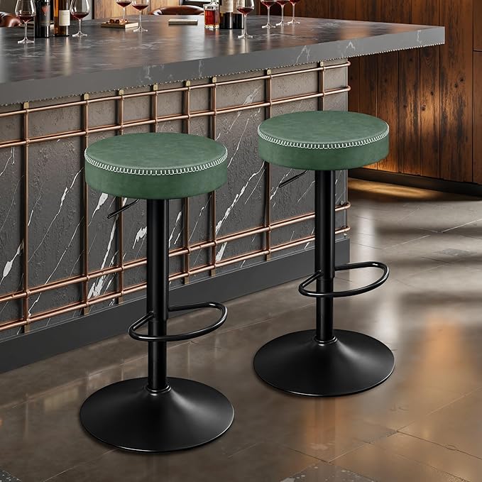 Bar Stools Set of 2 Microfiber Leather Counter Height Bar Stools with Round Seat Adjustable Swivel Backless Barstools Modern Tall Bar Chairs for Kitchen Island Green(24-33 Inch,330lbs)