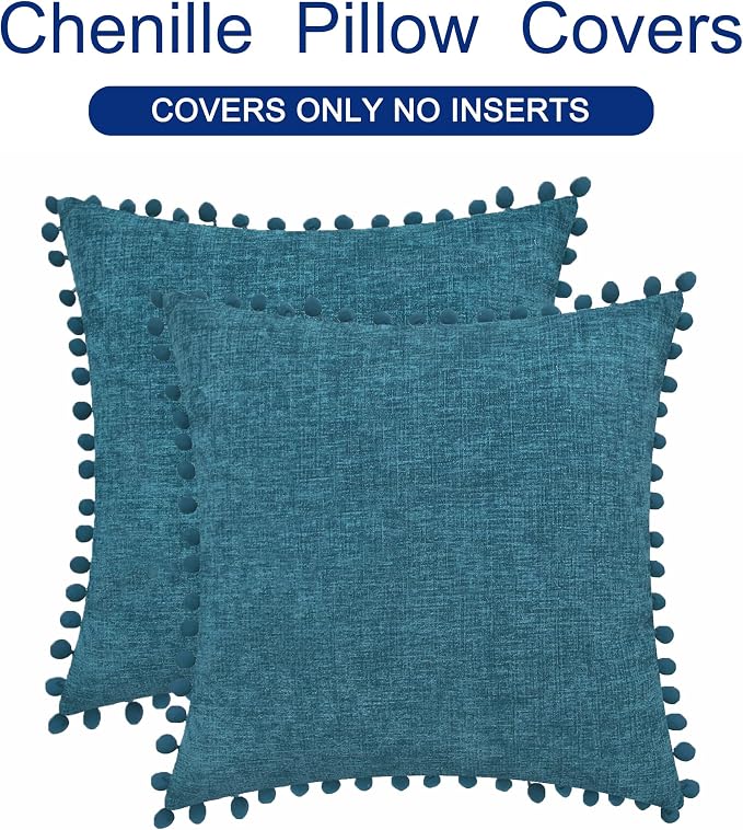 CaliTime Decorative Couch Throw Pillow Covers 16 X 16 Inches Ocean Blue | Pack of 2, Cozy Chenille Cushion Cases, with Pom Poms for Sofa Bed Living Room Farmhouse Home