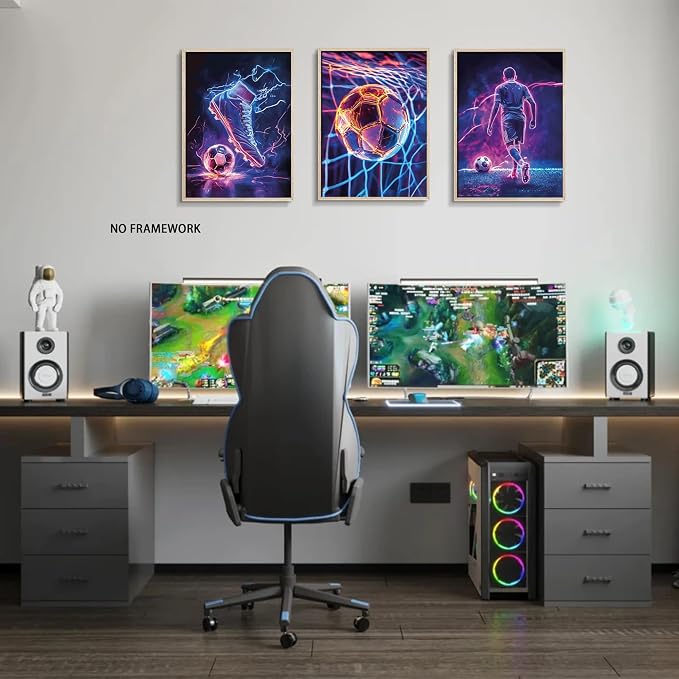 BGFCE Cool Soccer Gaming Wall Art Posters Set of 3, Neon Video Gamer Canvas Pictures, Colorful Soccer Game Painting Prints for Boys Room, Gaming Room Decor for Kids Gamer Room 16x24 inch Unframed