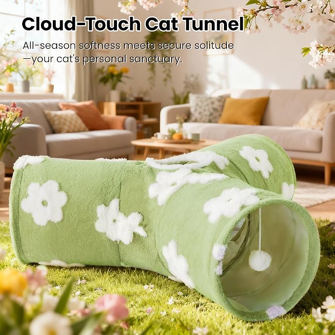 Tempcore Cat Tunnel, 3-Way Collapsible Toy for Indoor Cats, Daisy Green