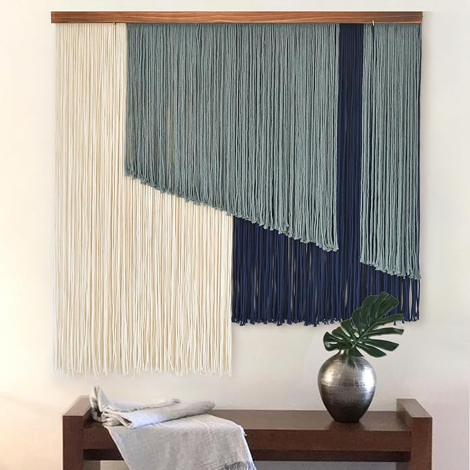 Jakalin Macrame Wall Hanging Boho Yarn Tassel Blue Modern Decor 39"x39" | Hand-dyed navy ombre, Wood dowel, Fringe tassels, Wall decor for living room, bedroom, apartment，Handmade yarn fiber deocr