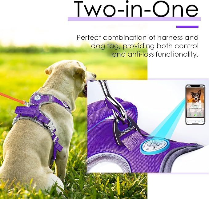 ThinkPet No Pull Harness Breathable Sport Harness with QR Code Dog Tag Reflective Dog Harnesses Smart ID Tagwith Handle Adjustable for Medium Large Dogs Back/Front Clip for Easy Control L Purple