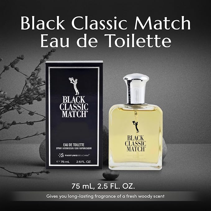 PB ParfumsBelcam Black Classic Match Eau De Toilette Spray for Men – 2.5 Fl. Oz Affordable, Long-Lasting Fresh Woody Fragrance with Leafy Green, Citrus, Sandalwood & Patchouli for Day & Night Use