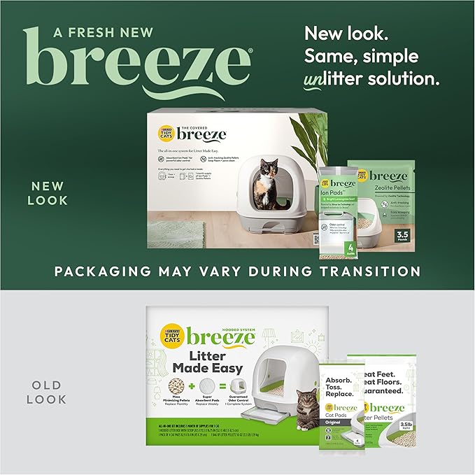 Purina Tidy Cats Breeze Covered Cat Litter Box System Kit | Hooded litter box with scoop, plus Zeolite pellets and cat litter pads, easy-to-use kit for odor control