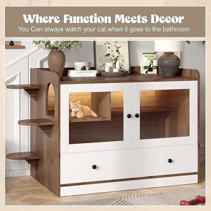 Hidden Cat Litter Box Enclosure Furniture with Drawer and Stairs, Wooden Cat House Washroom with Glass Door, Litter Cabinet Side Table for Bedroom Living Room, Brown White