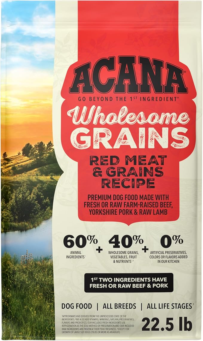 ACANA Wholesome Grains Dry Dog Food Red Meat & Grains 22.5lb Bag | Gluten Free, High Protein, Made in the USA, Includes Probiotics, Omega-3 Fatty Acids, Global Quality Ingredients